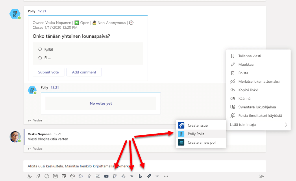 Microsoft Teams: message formatting, Polly surveys